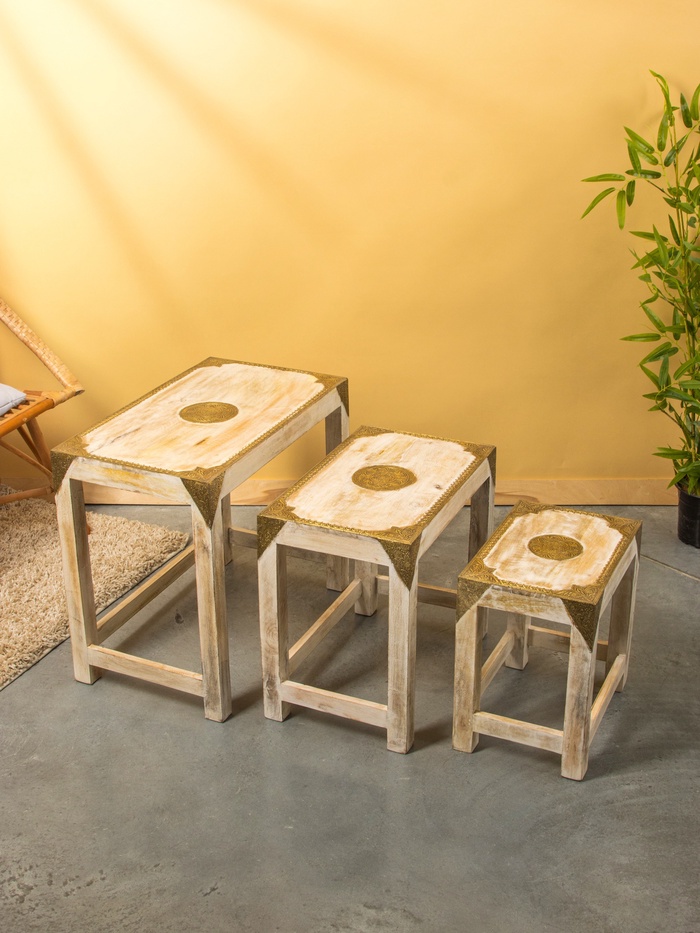 Табурет, 3 шт., 35×25×37.5 см, 48×30.3×45 см, 60×35×53 см, дерево, белый с золотым